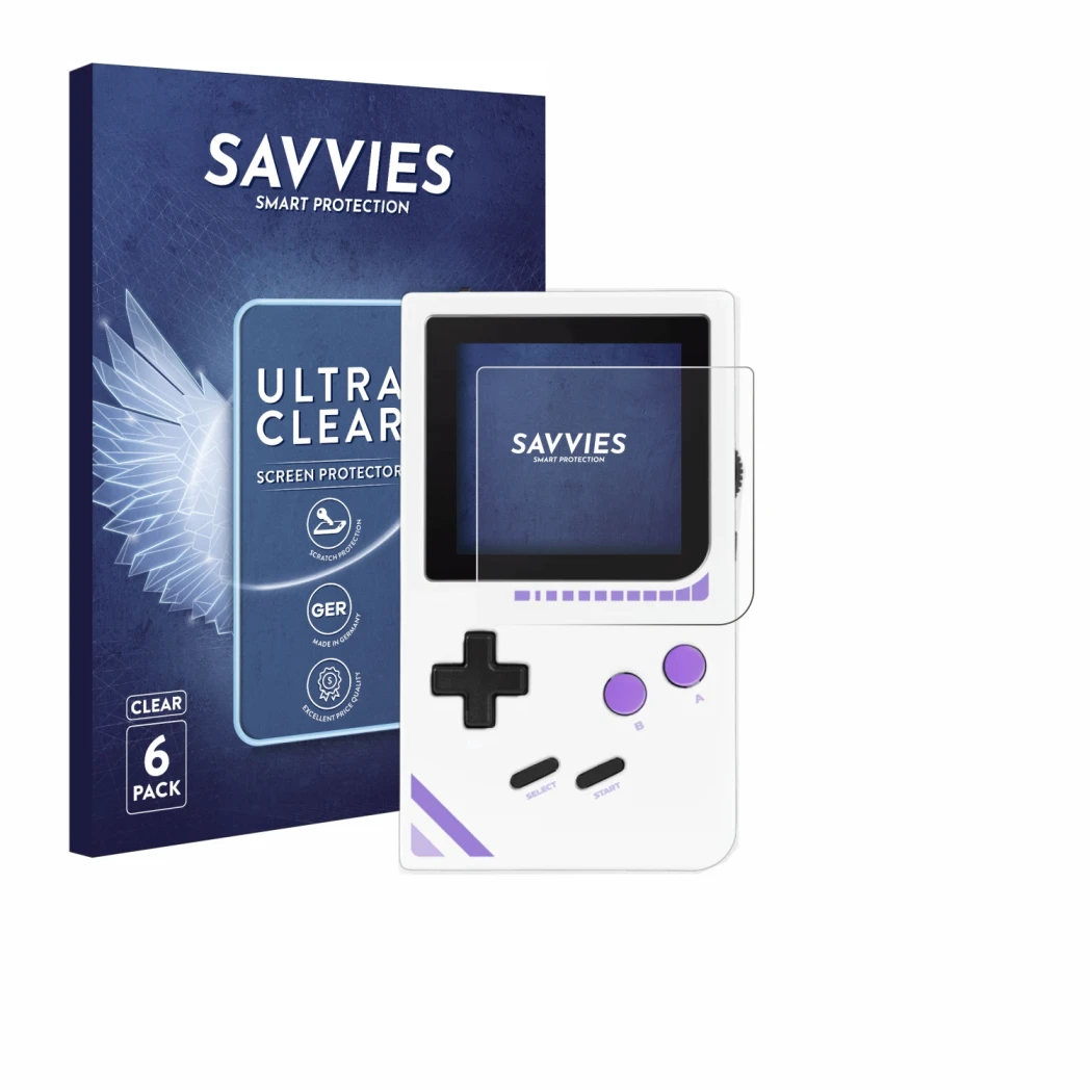 Front side of a product packaging with the brand logo Savvies. Next to it is the device Modretro Chromatic shown with the corr