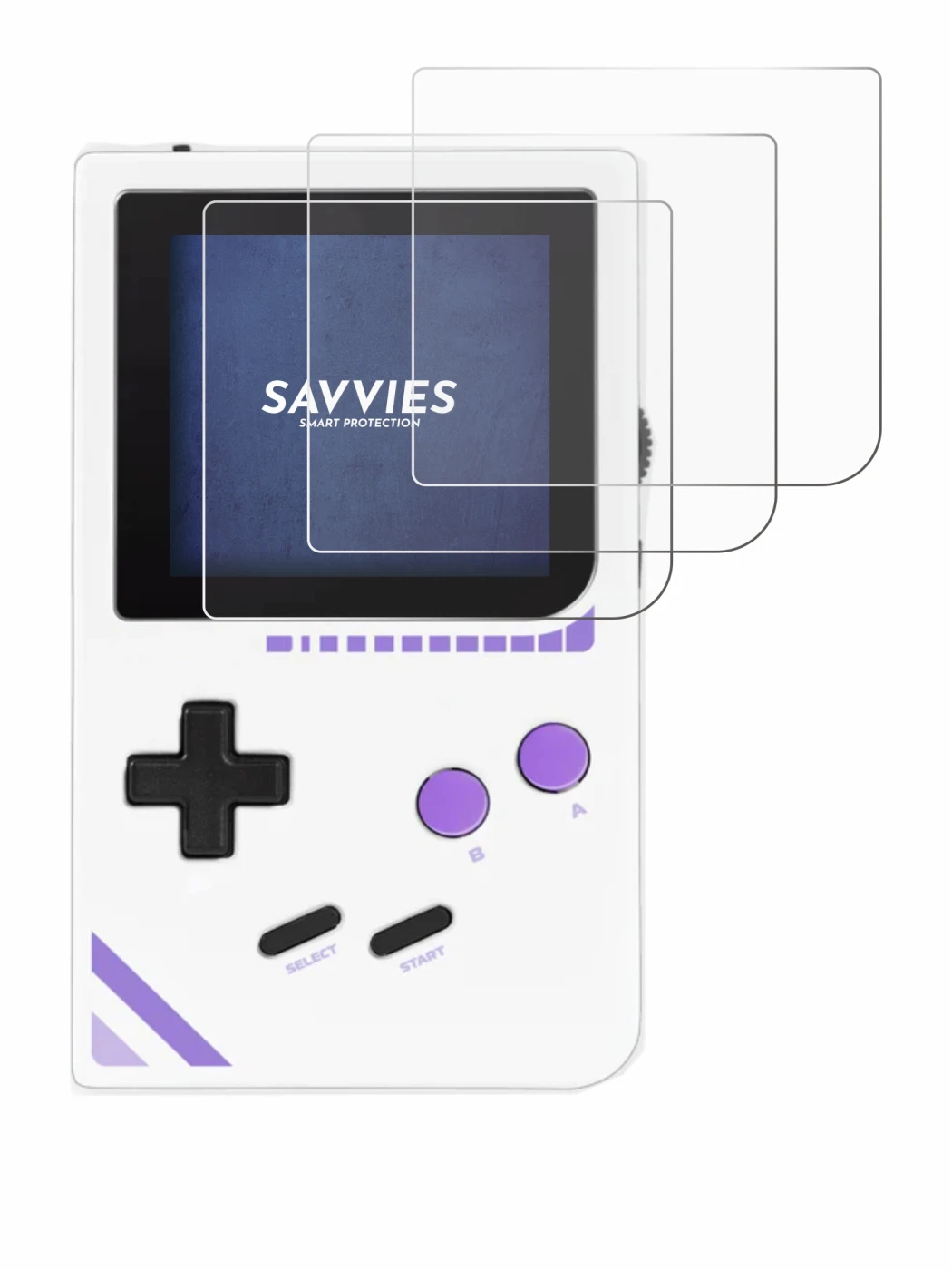 Image of the device Modretro Chromatic with a wide variety of screen protectors.