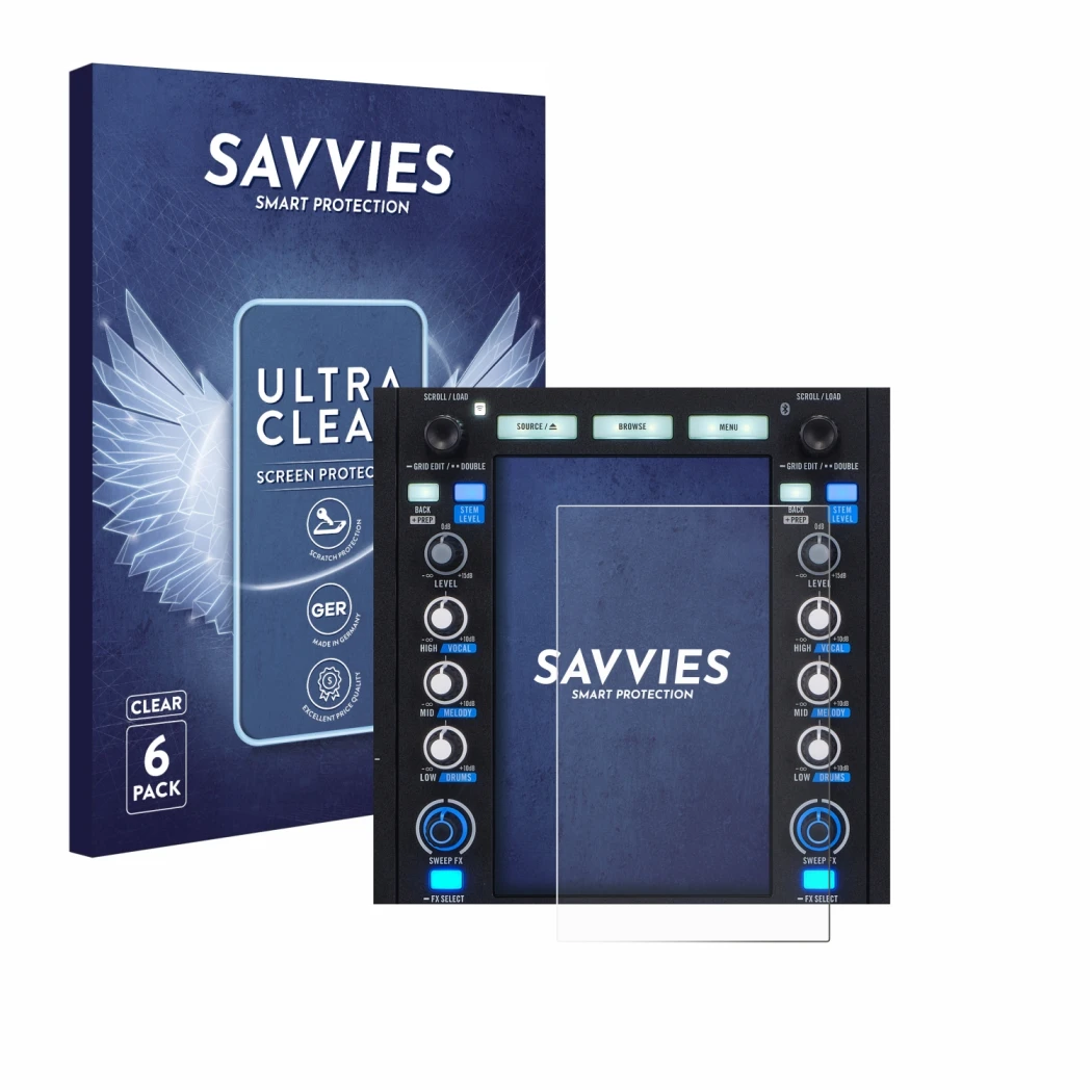 Front side of a product packaging with the brand logo Savvies. Next to it is the device Rane System One shown with the corresp