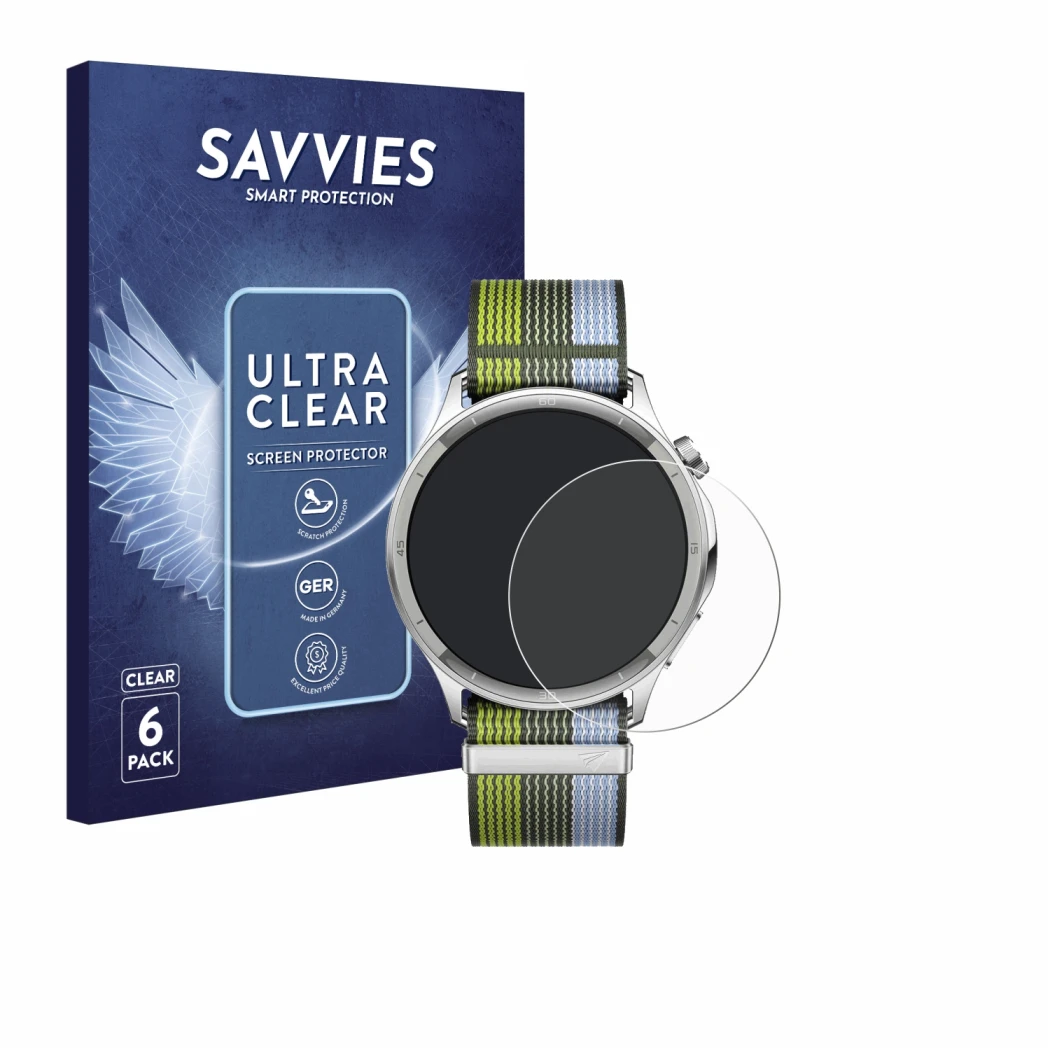 Front side of a product packaging with the brand logo Savvies. Next to it is the device Oppo Watch S shown with the correspond