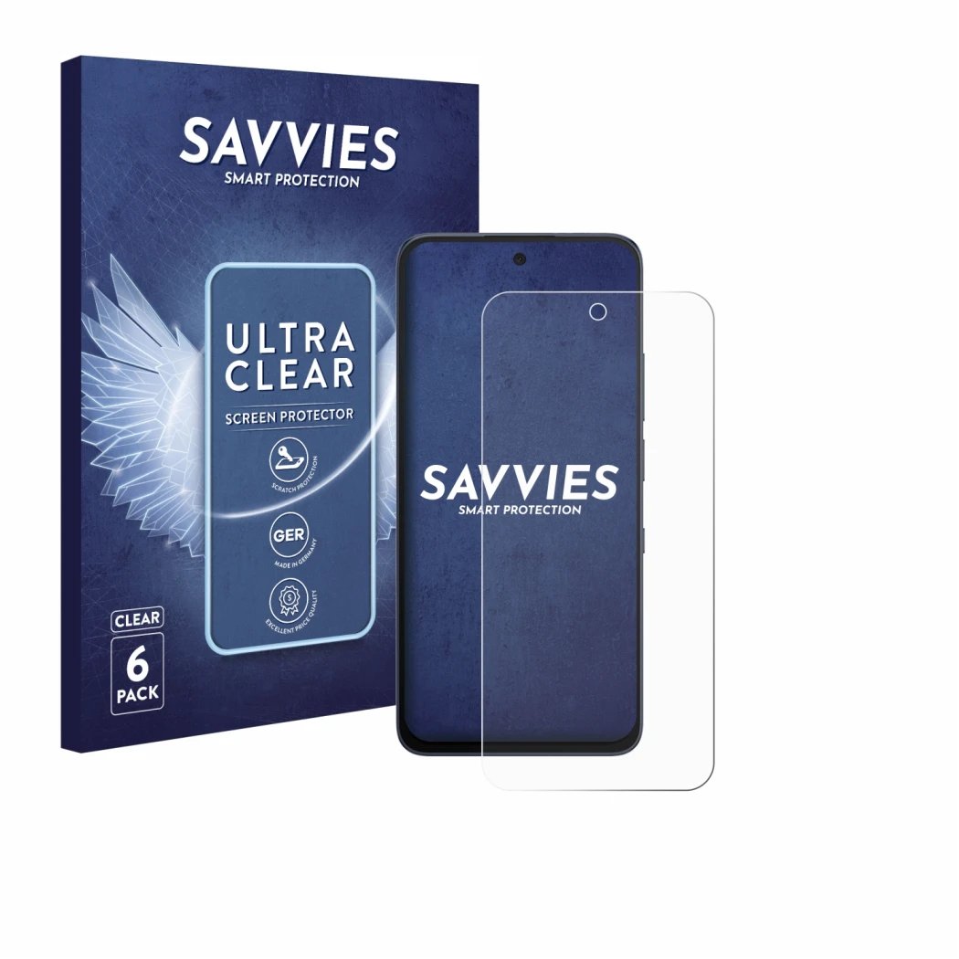 Front side of a product packaging with the brand logo Savvies. Next to it is the device TCL NxtPaper 70 Pro shown with the cor