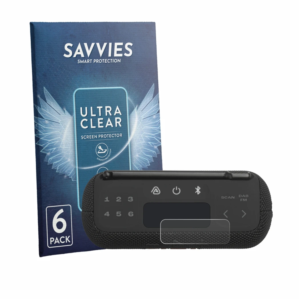 Front side of a product packaging with the brand logo Savvies. Next to it is the device JBL Tuner 3 shown with the correspondi