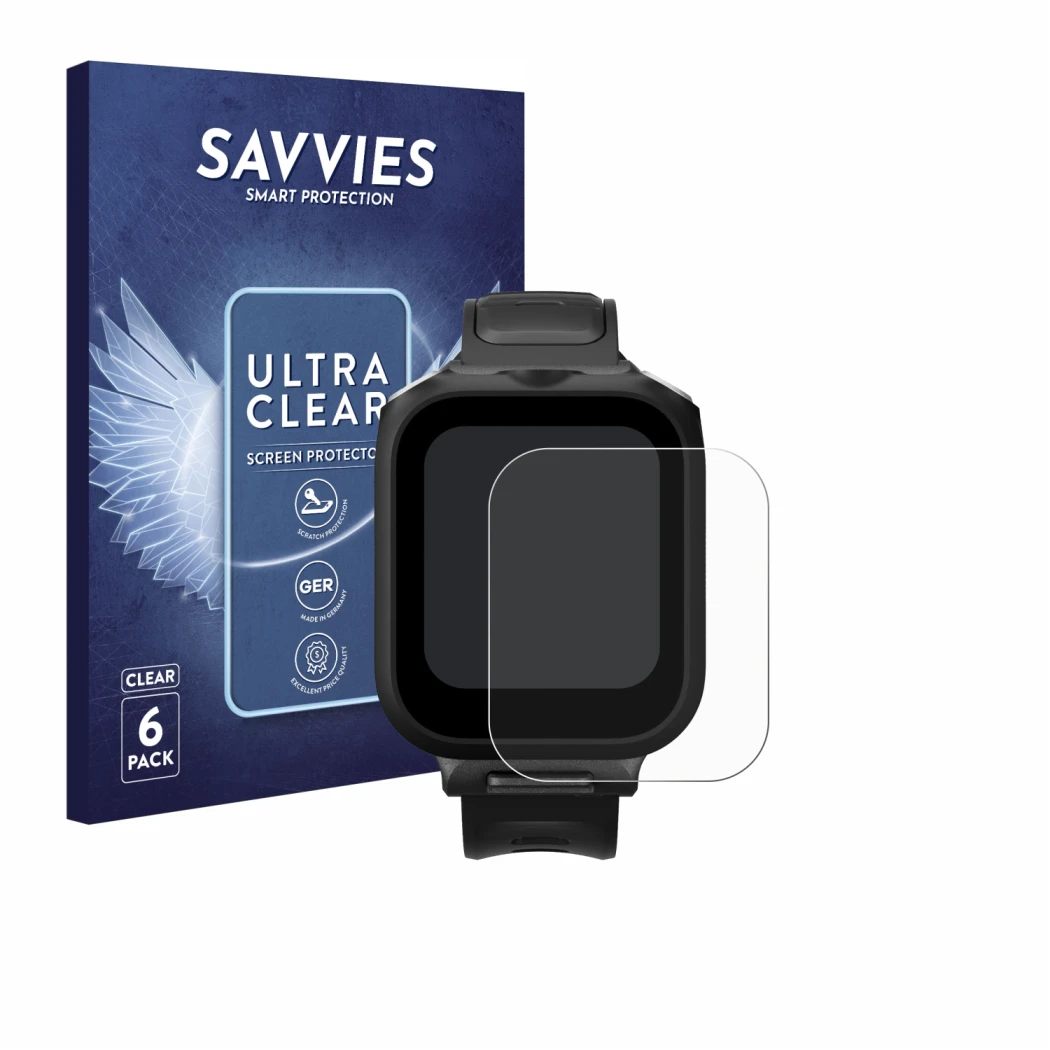 Front side of a product packaging with the brand logo Savvies. Next to it is the device Insta360 GPS preview remote Built-In M