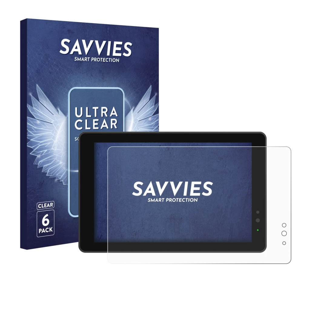 Front side of a product packaging with the brand logo Savvies. Next to it is the device Lilliput 719/T 7