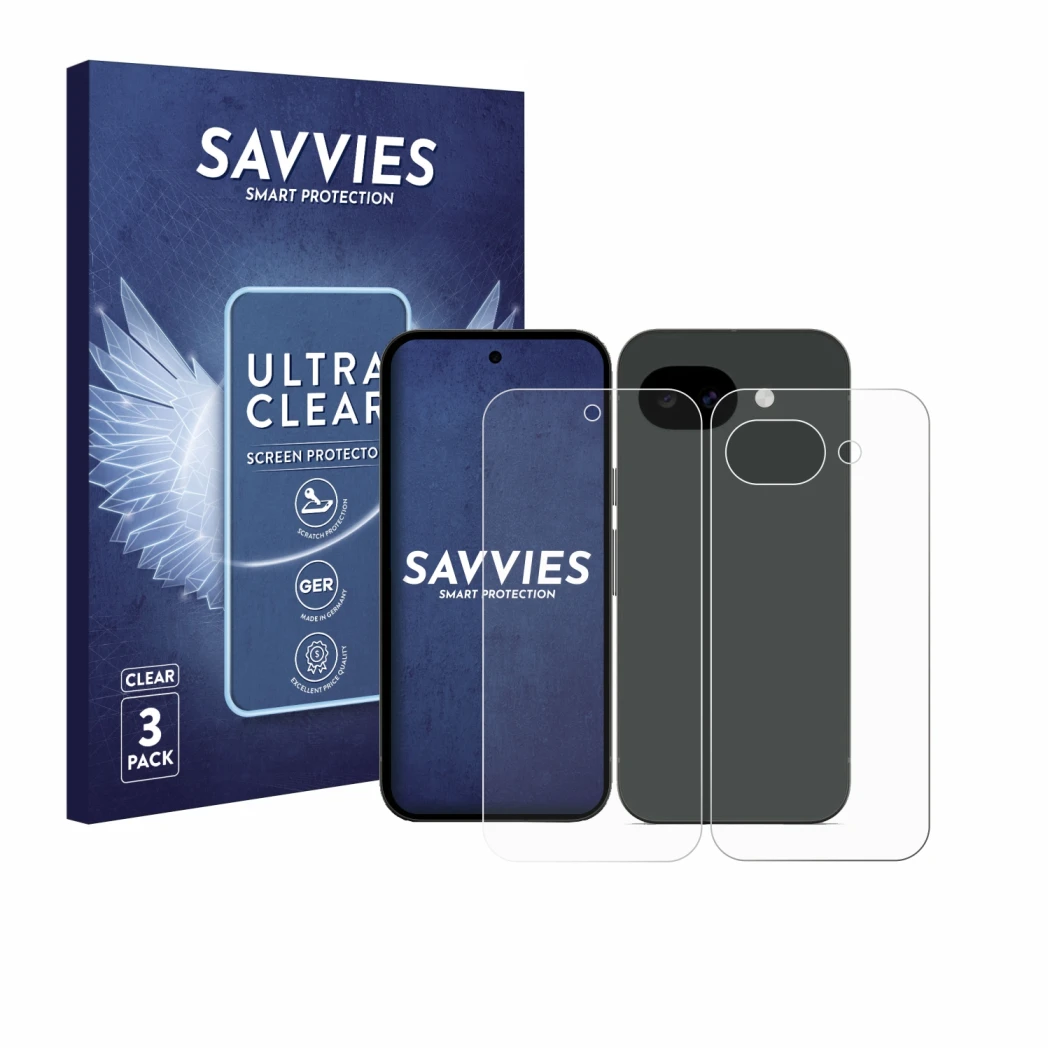Front side of a product packaging with the brand logo Savvies. Next to it is the device Google Pixel 10a (Front+Back) shown wi