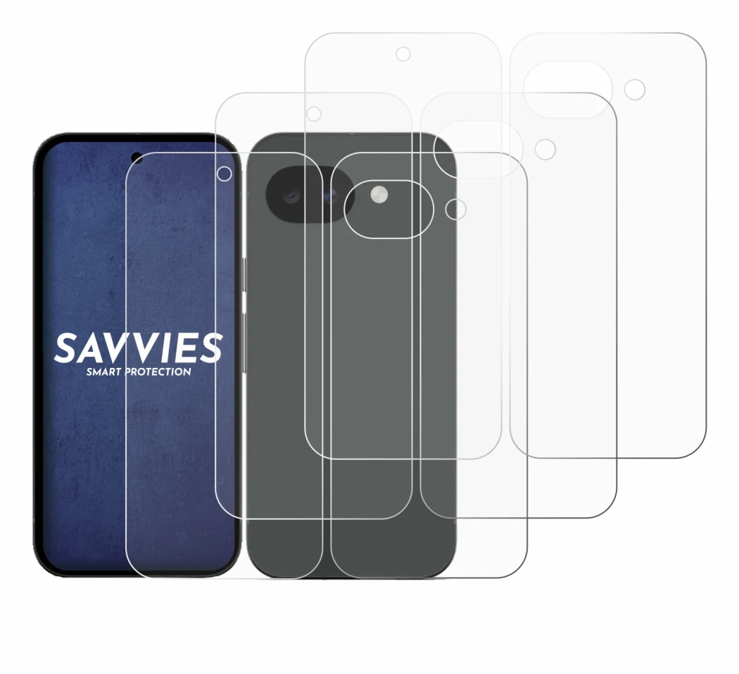 Image of the device Google Pixel 10a (Front+Back) with a wide variety of screen protectors.