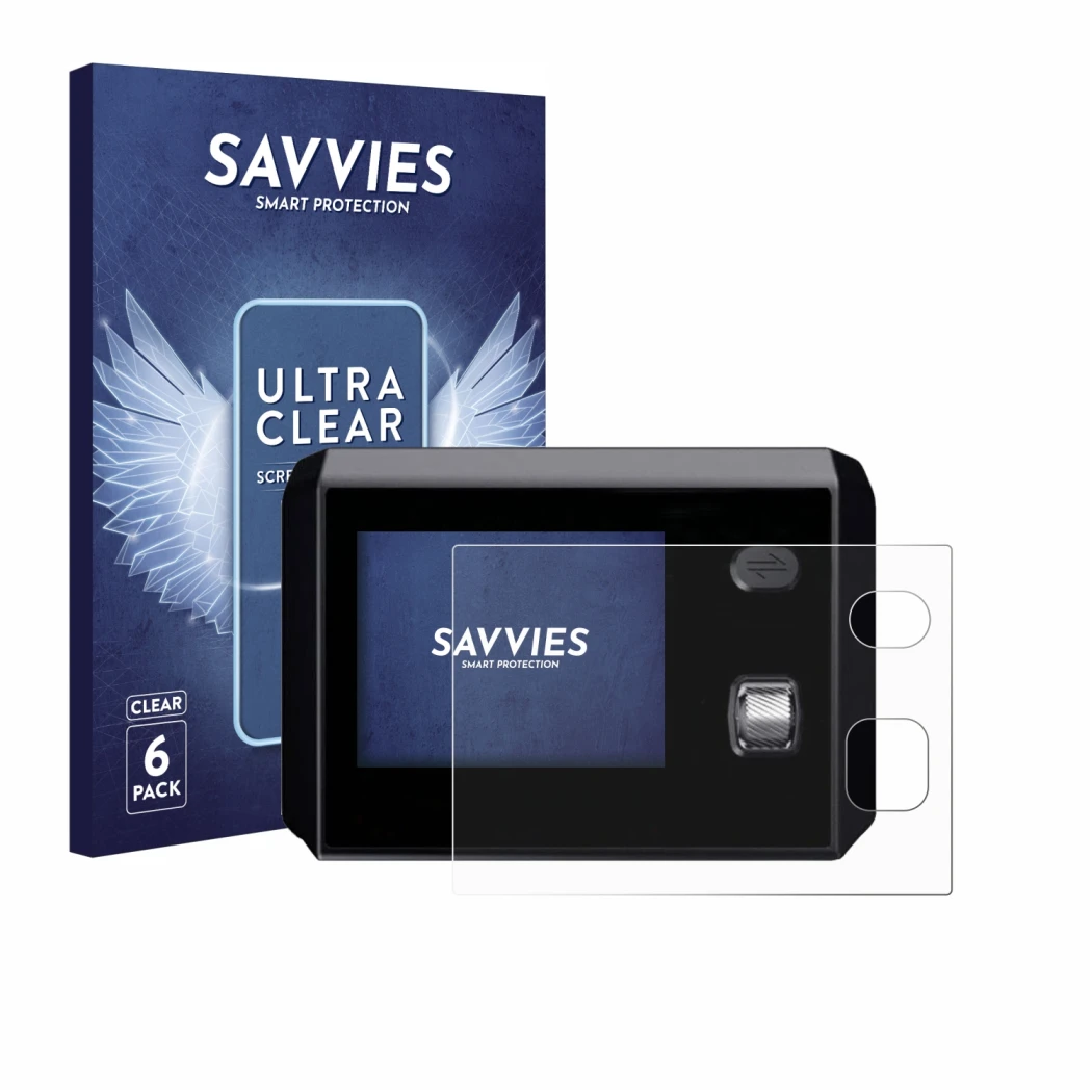 Front side of a product packaging with the brand logo Savvies. Next to it is the device SkyRC MC5000 shown with the correspond