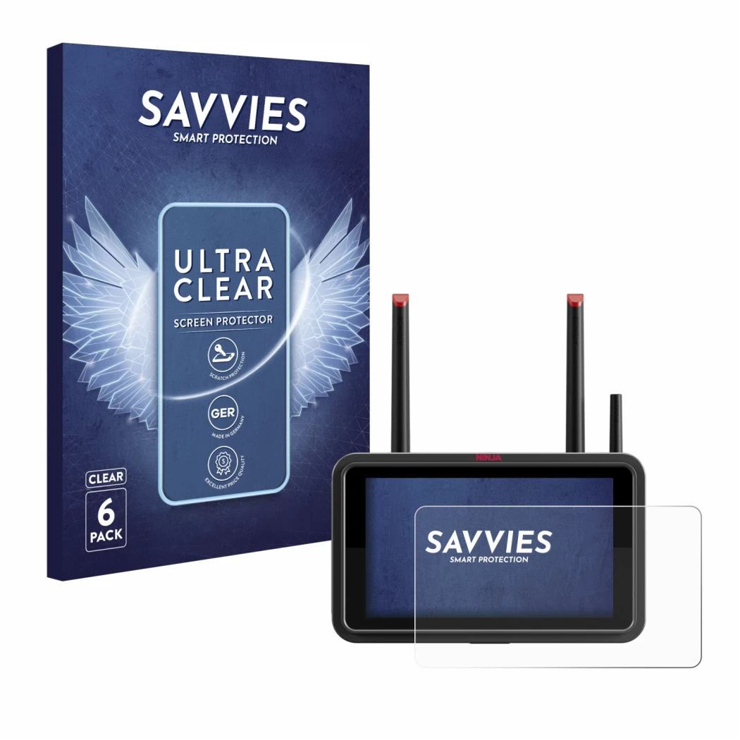 Front side of a product packaging with the brand logo Savvies. Next to it is the device Atomos Ninja TX shown with the corresp