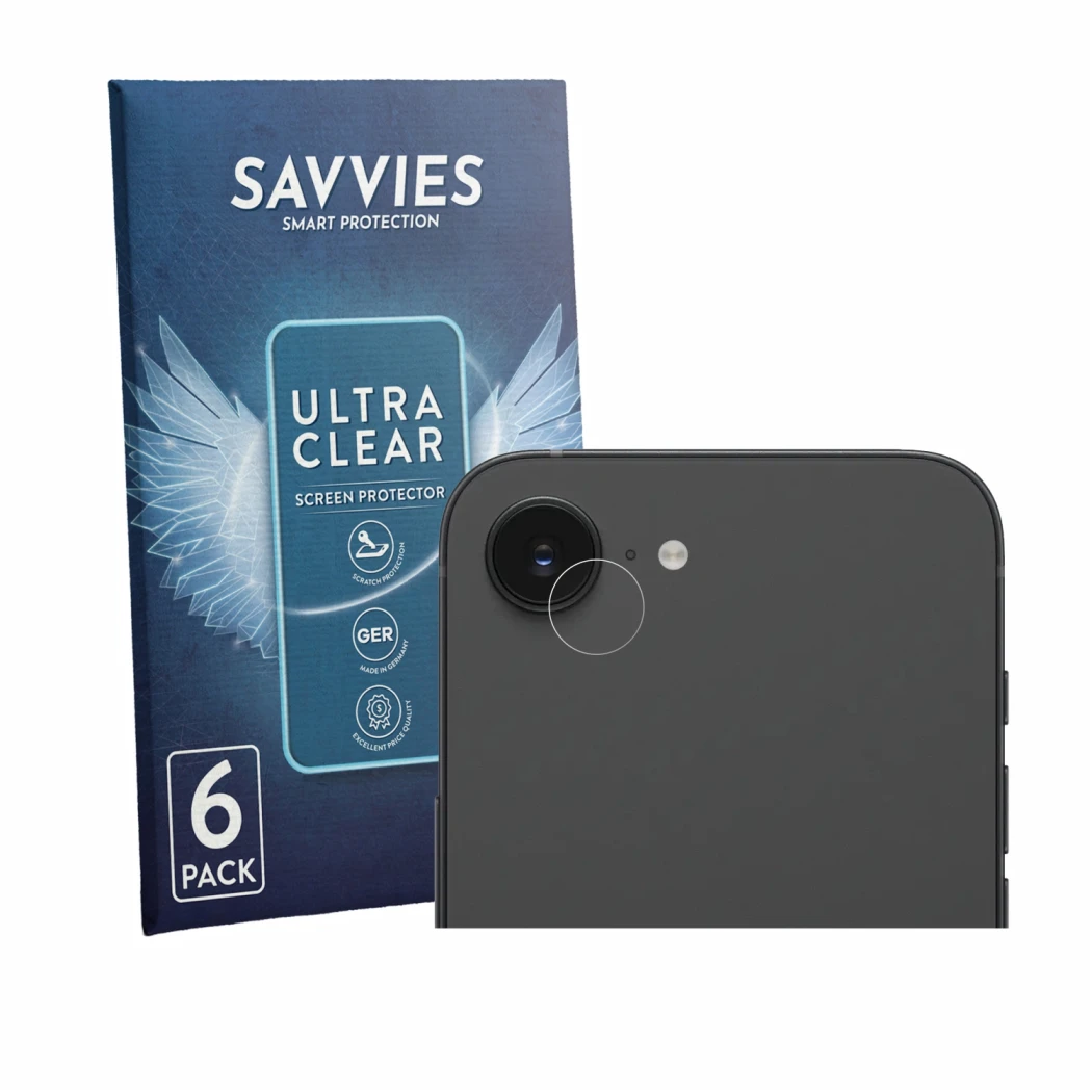 Front side of a product packaging with the brand logo Savvies. Next to it is the device Apple iPhone 17e (ONLY Camera Lens) sh