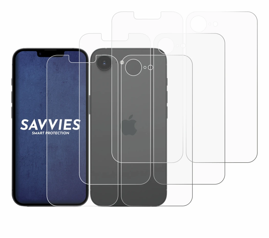 Image of the device Apple iPhone 17e (Front+Back) with a wide variety of screen protectors.