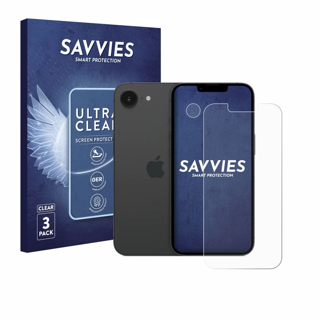 Front side of a product packaging with the brand logo Savvies. Next to it is the device Apple iPhone 17e (Front+Camera) shown 