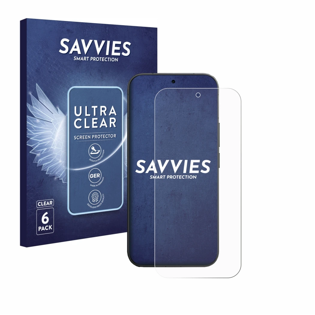 Front side of a product packaging with the brand logo Savvies. Next to it is the device Vivo V70 shown with the corresponding 