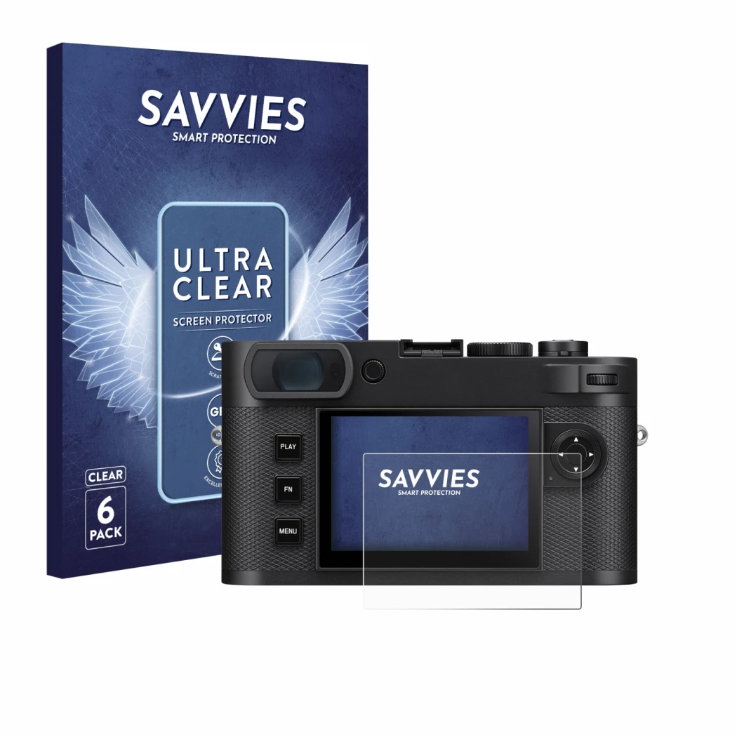 Front side of a product packaging with the brand logo Savvies. Next to it is the device Leica M EV1 shown with the correspondi