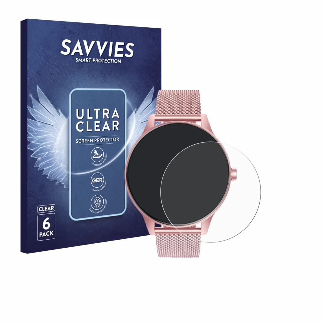 Front side of a product packaging with the brand logo Savvies. Next to it is the device TAOLOON Smartwatch 1.27
