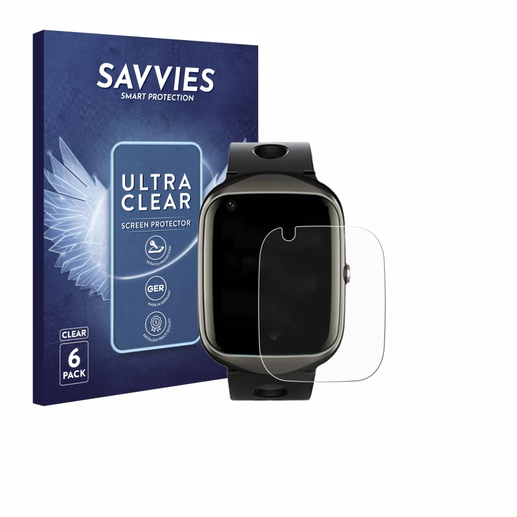 Front side of a product packaging with the brand logo Savvies. Next to it is the device ABUBU SmartWatch PBL2 shown with the c