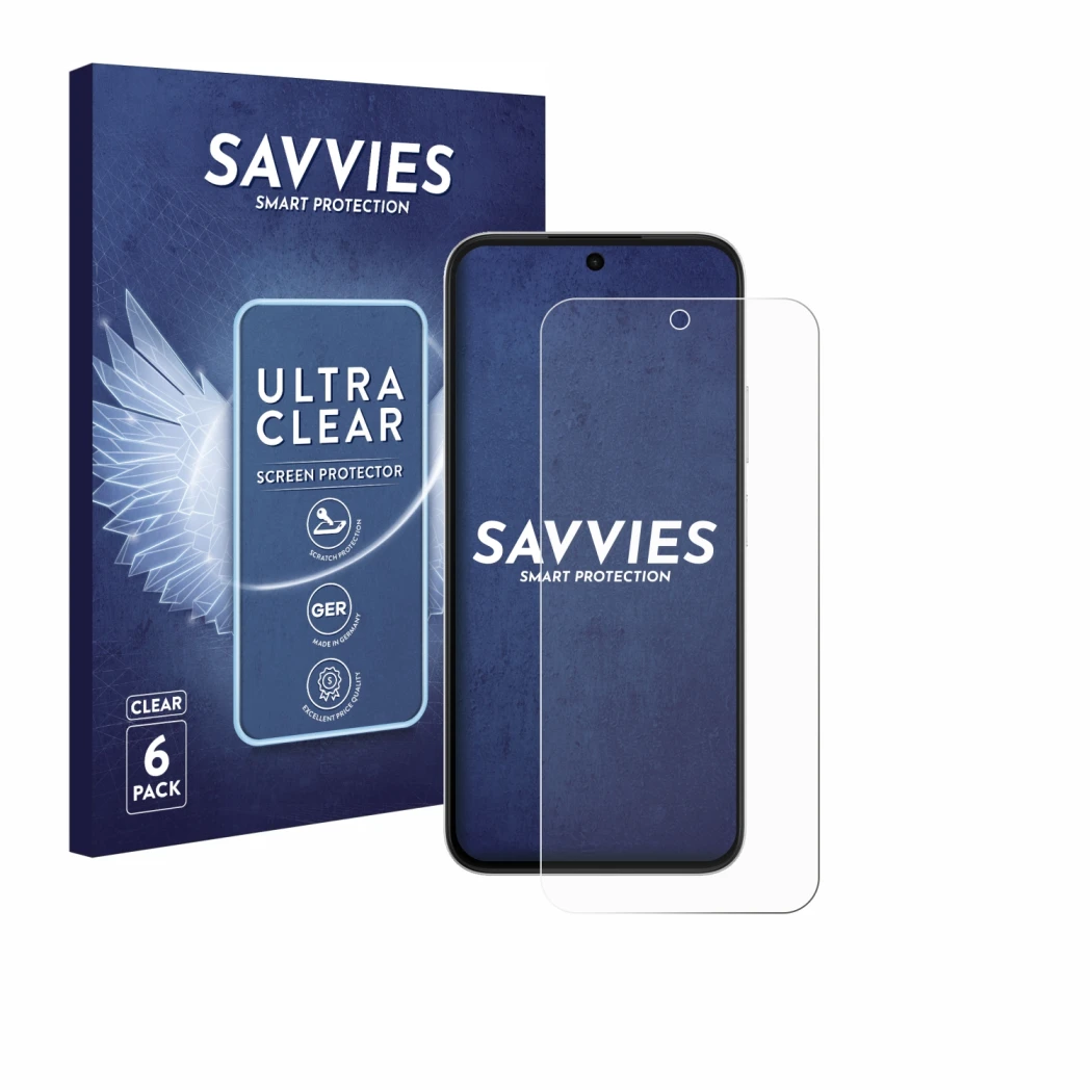 Front side of a product packaging with the brand logo Savvies. Next to it is the device Oppo A6s 5G shown with the correspondi