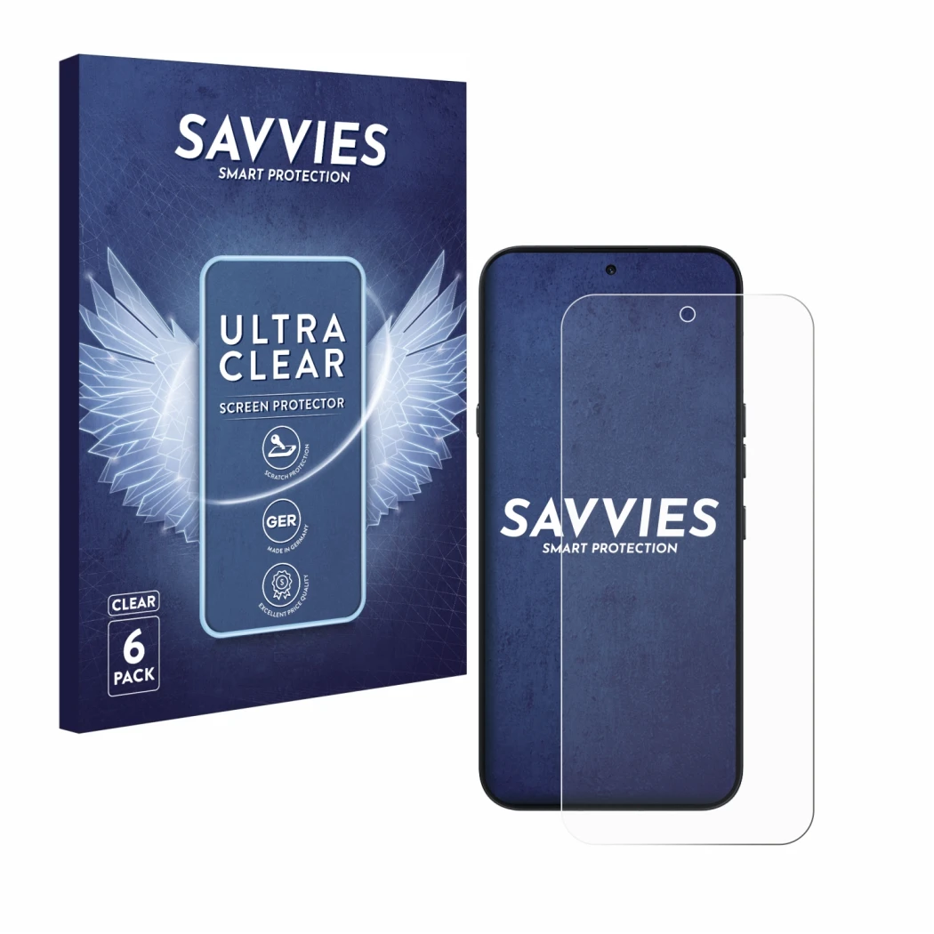 Front side of a product packaging with the brand logo Savvies. Next to it is the device Nothing Phone (4a) Pro shown with the 
