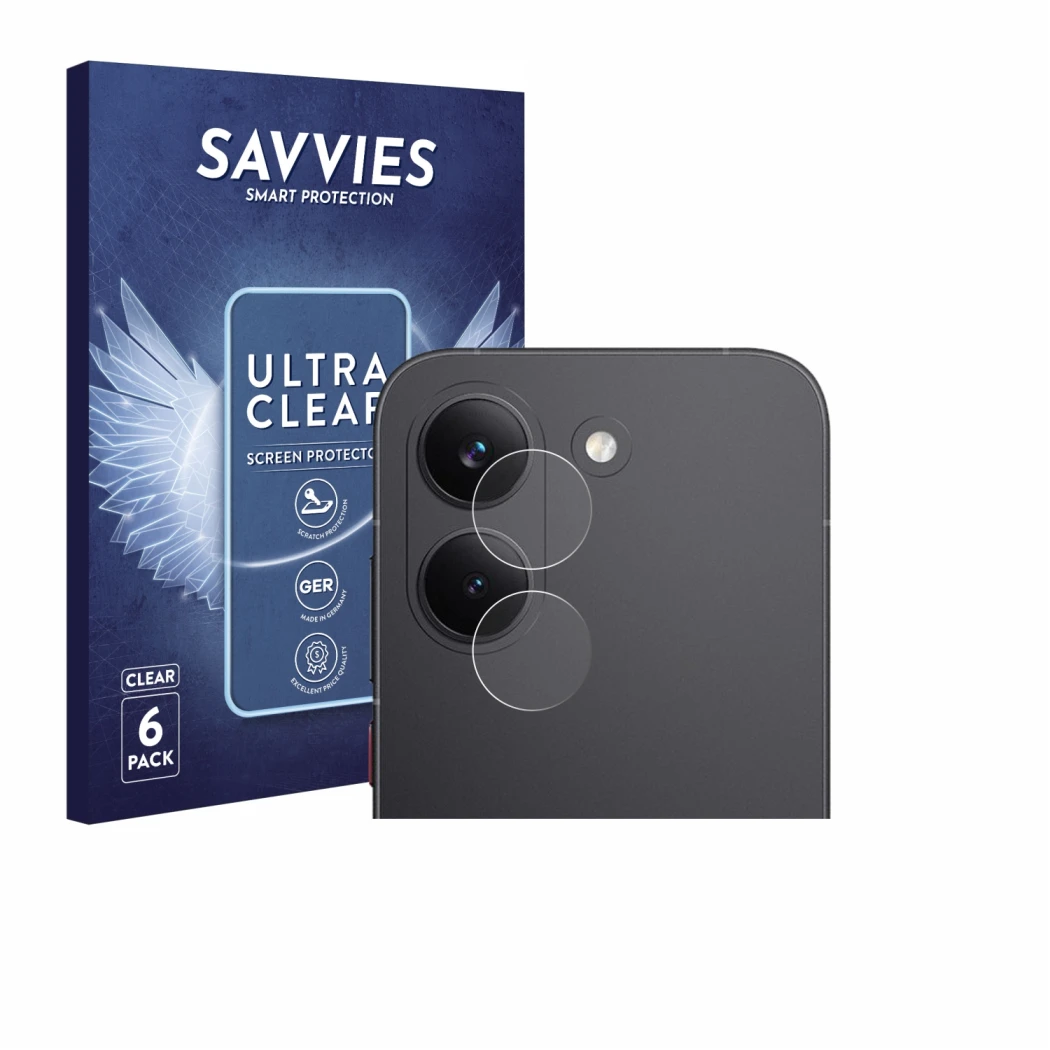 Front side of a product packaging with the brand logo Savvies. Next to it is the device Xiaomi Poco X8 Pro (ONLY Camera Lens) 