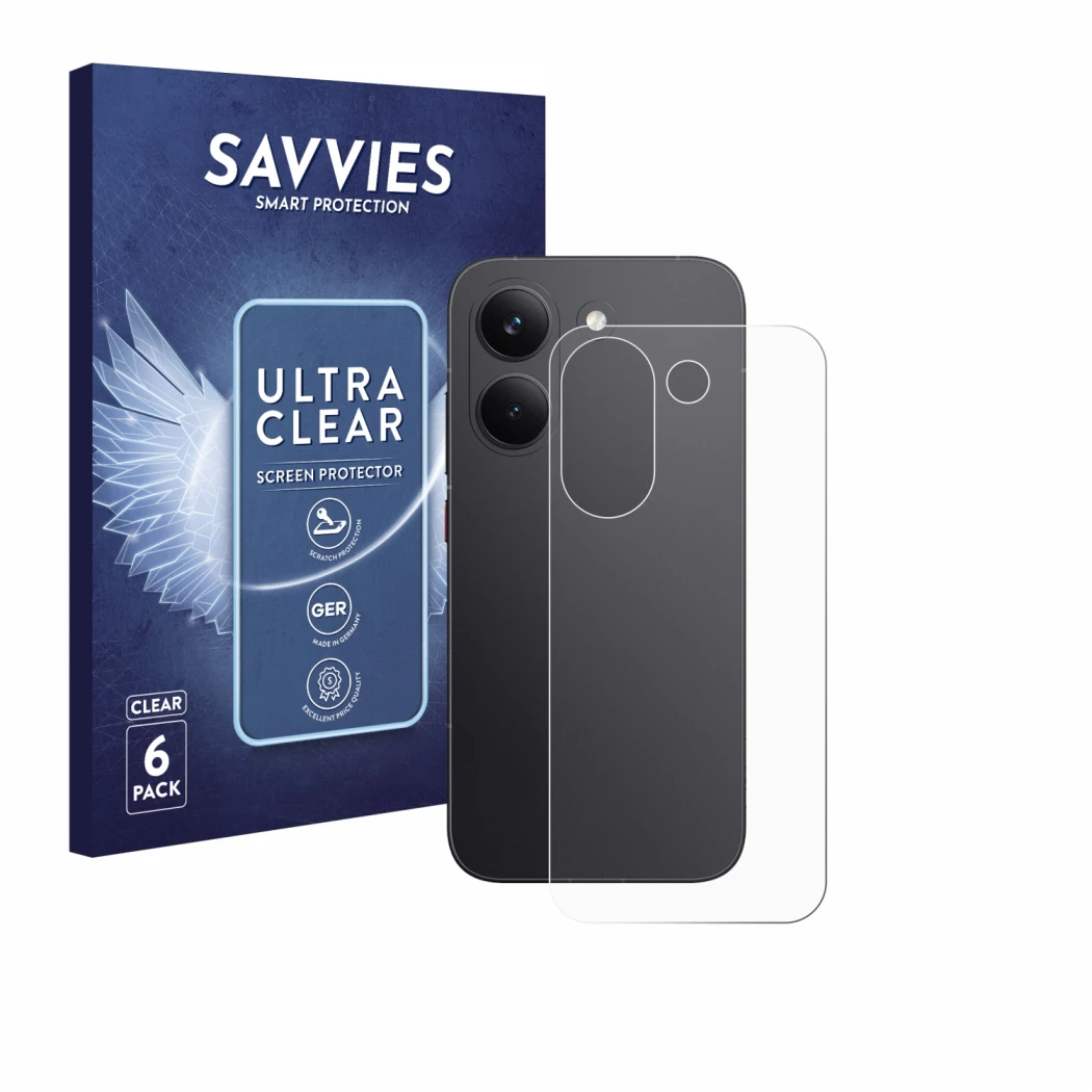 Front side of a product packaging with the brand logo Savvies. Next to it is the device Xiaomi Poco X8 Pro (Back) shown with t
