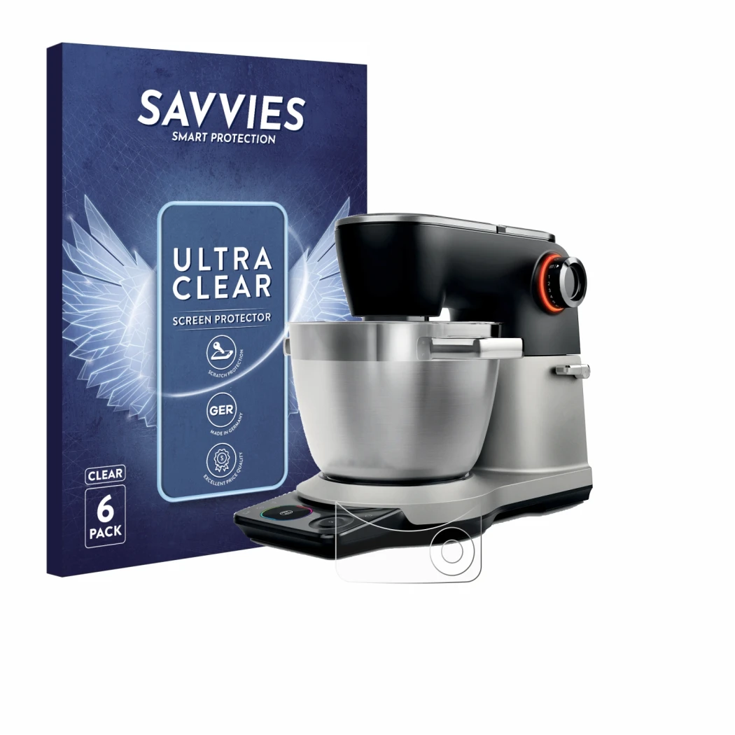 Front side of a product packaging with the brand logo Savvies. Next to it is the device Bosch MUMS8Z shown with the correspond