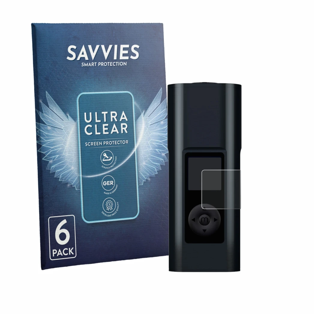 Front side of a product packaging with the brand logo Savvies. Next to it is the device Arizer Solo 3 V2 shown with the corres