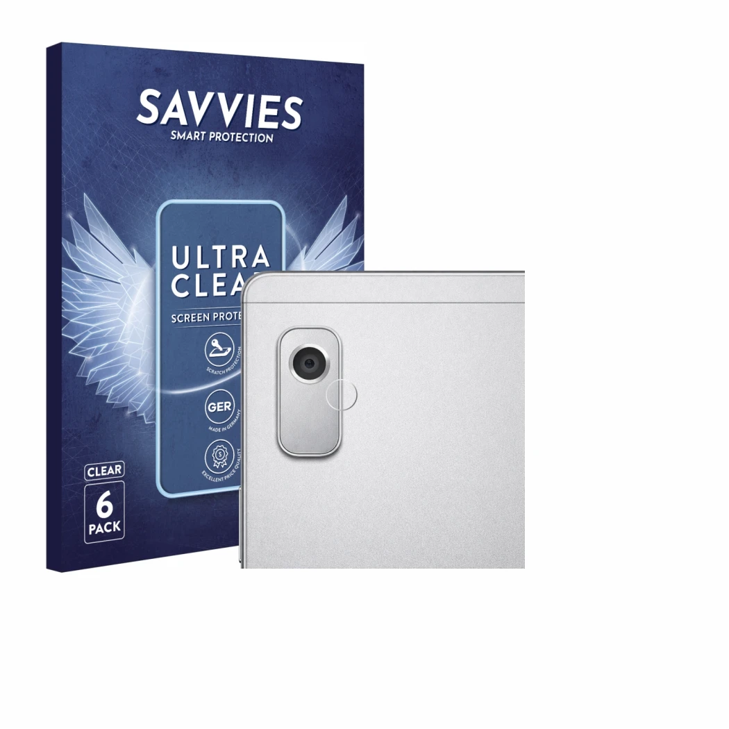 Front side of a product packaging with the brand logo Savvies. Next to it is the device Lenovo Tab M9 (ONLY Camera Lens) shown