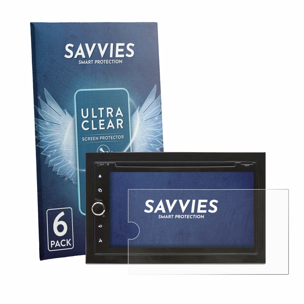Front side of a product packaging with the brand logo Savvies. Next to it is the device Blaupunkt Vienna 700 DAB shown with th