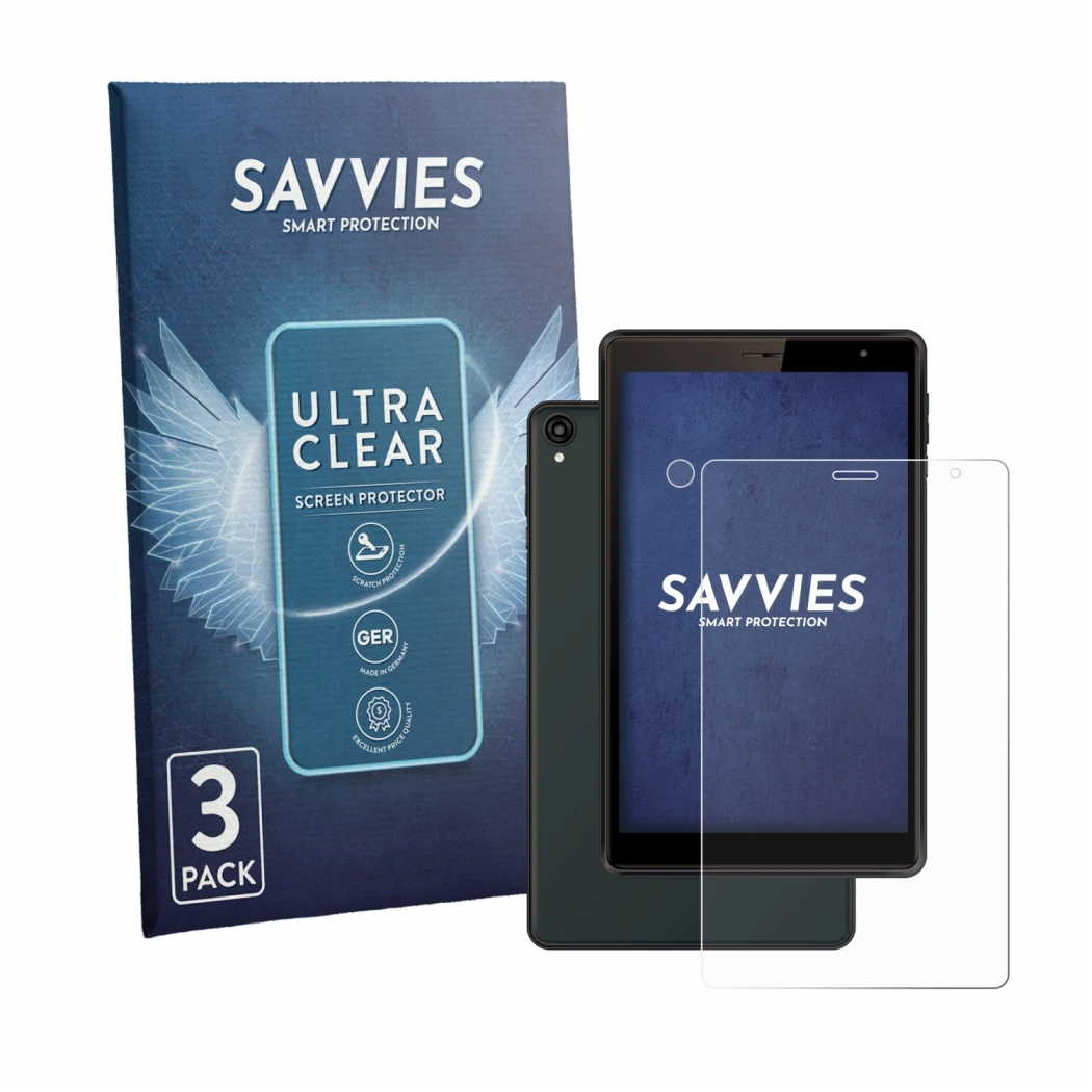 Front side of a product packaging with the brand logo Savvies. Next to it is the device Logicom Tab 80 8