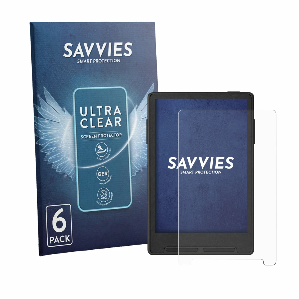 Front side of a product packaging with the brand logo Savvies. Next to it is the device Xteink X3 shown with the corresponding