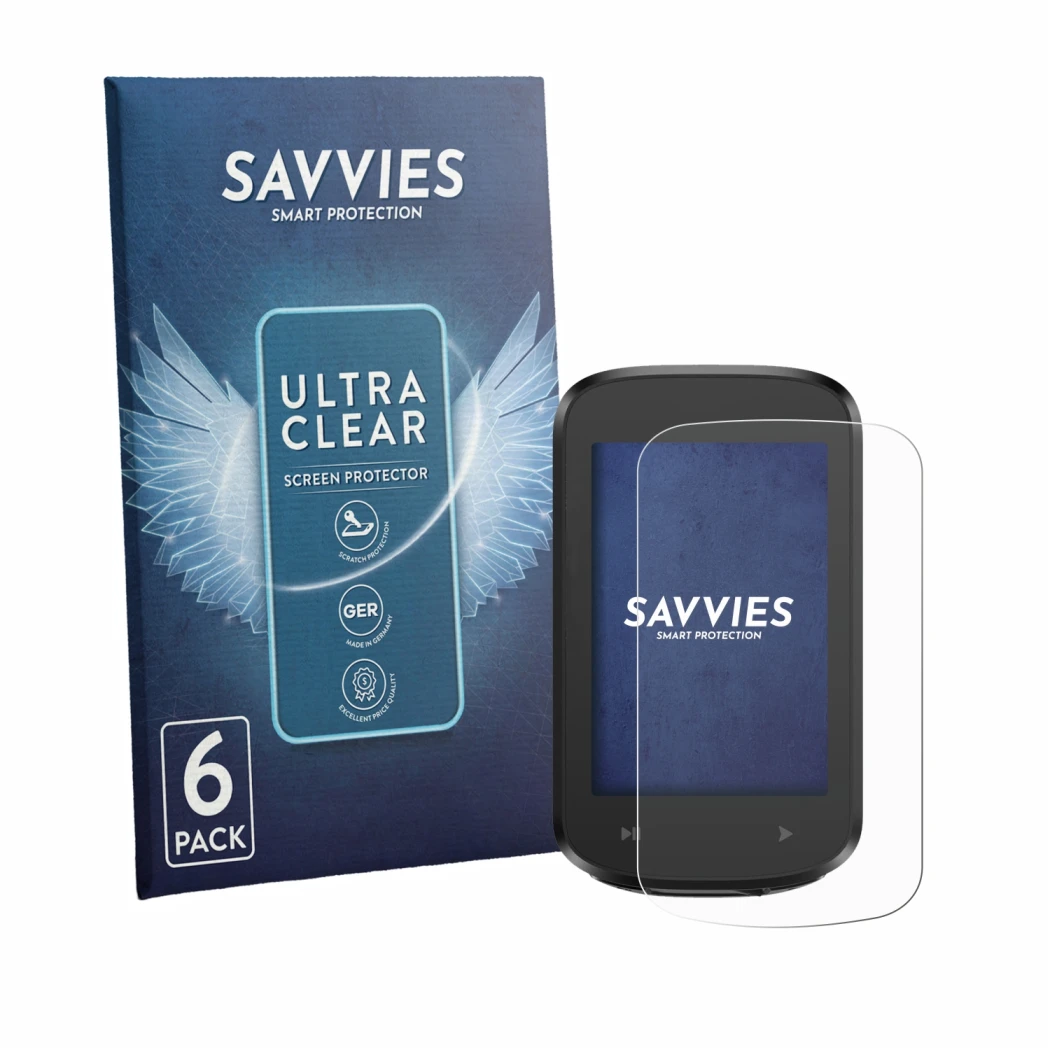 Front side of a product packaging with the brand logo Savvies. Next to it is the device iGPSPORT BSC100MAX shown with the corr