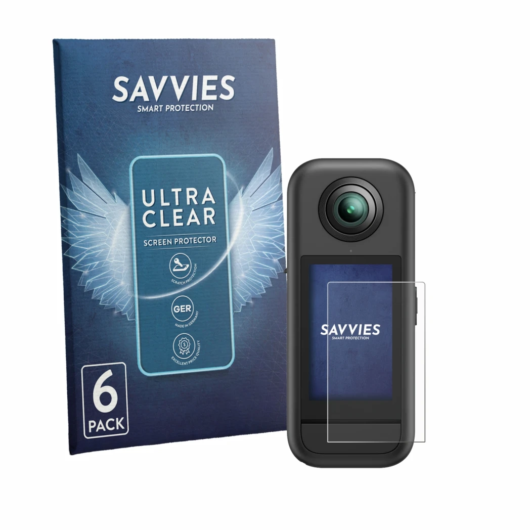 Front side of a product packaging with the brand logo Savvies. Next to it is the device Akaso 360 shown with the corresponding
