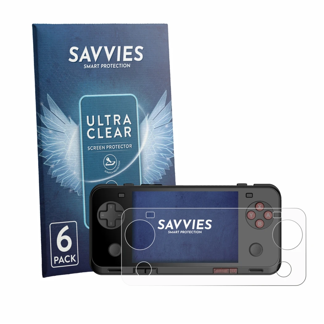 Front side of a product packaging with the brand logo Savvies. Next to it is the device Ayaneo Pocket ACE shown with the corre