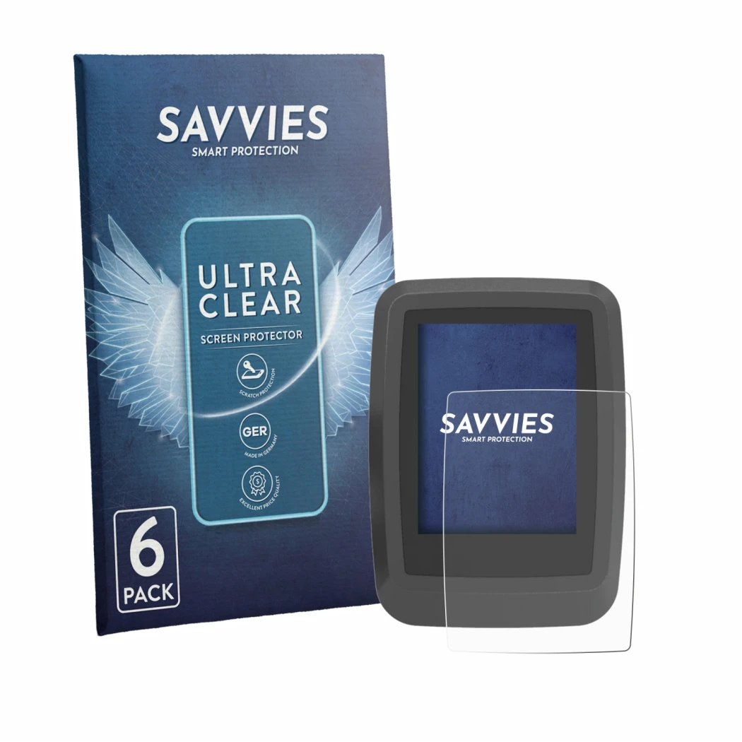 Front side of a product packaging with the brand logo Savvies. Next to it is the device Ananda D16 TFT-Display shown with the 