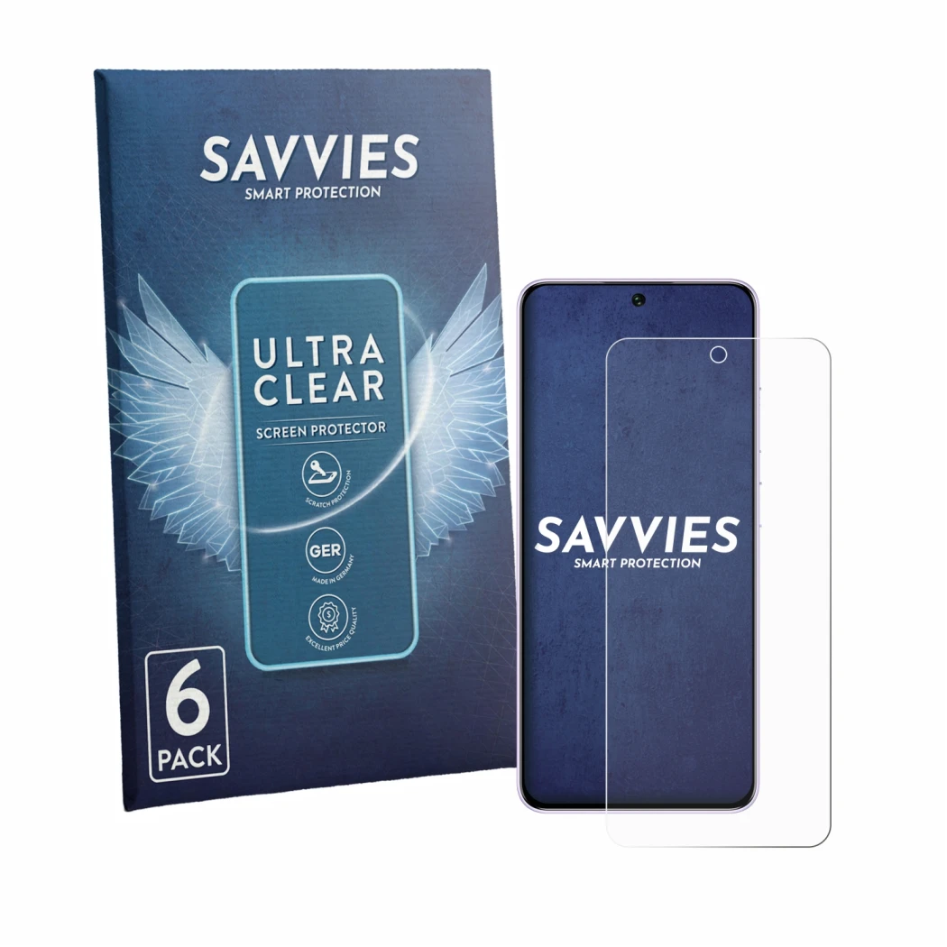 Front side of a product packaging with the brand logo Savvies. Next to it is the device Oukitel C26 shown with the correspondi