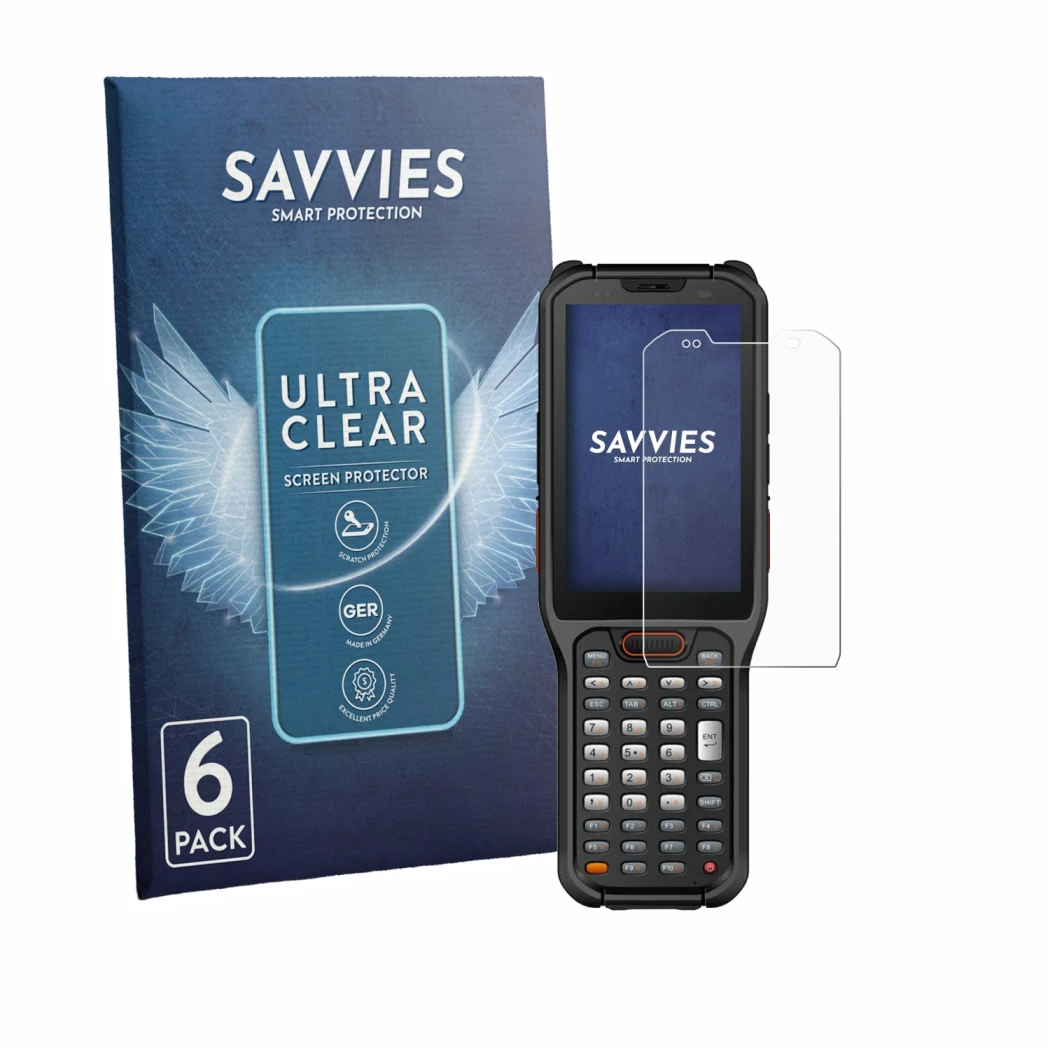 Front side of a product packaging with the brand logo Savvies. Next to it is the device Urovo RT40S shown with the correspondi