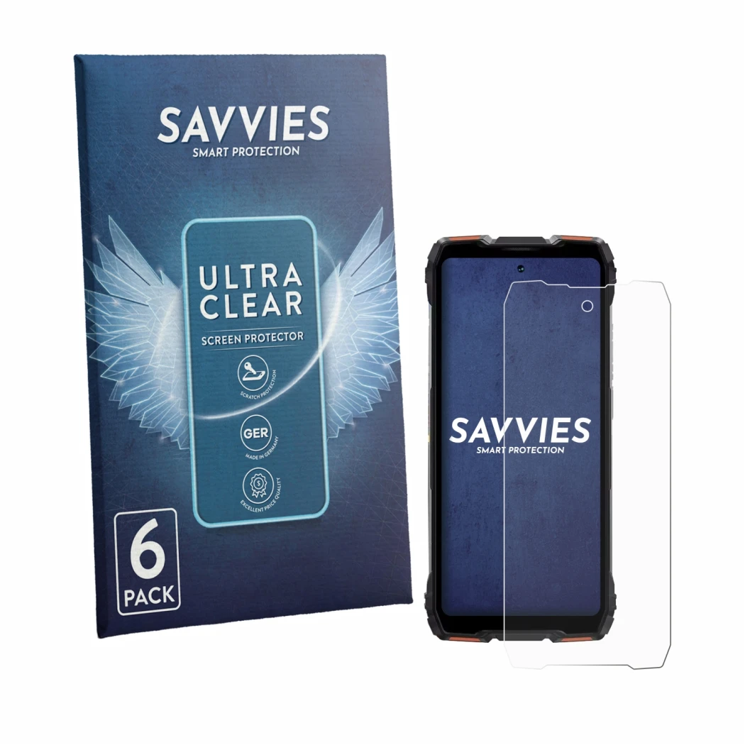 Front side of a product packaging with the brand logo Savvies. Next to it is the device Blackview Rock 3 shown with the corres