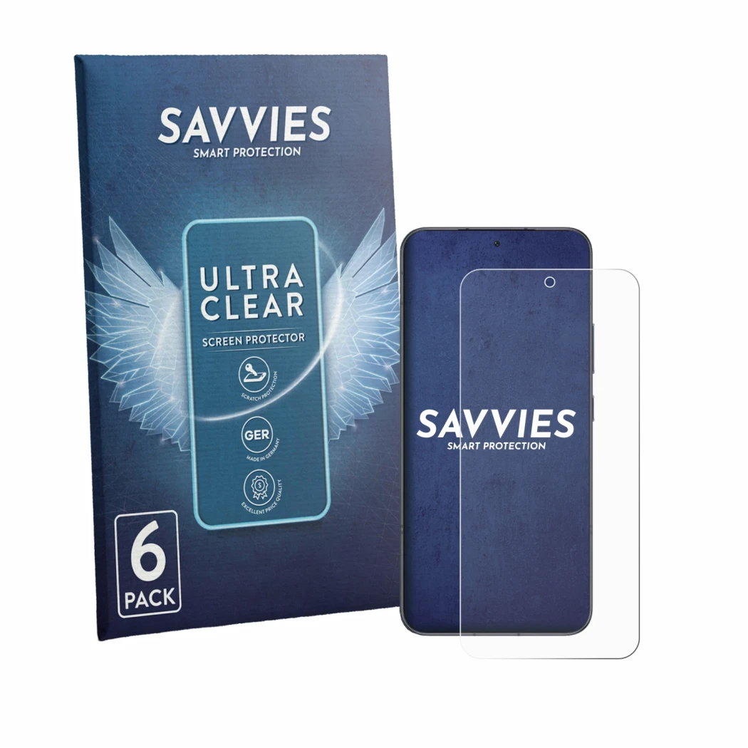 Front side of a product packaging with the brand logo Savvies. Next to it is the device Honor Power 2 shown with the correspon