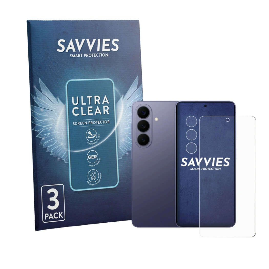 Front side of a product packaging with the brand logo Savvies. Next to it is the device Samsung Galaxy S26 Enterprise Edition 