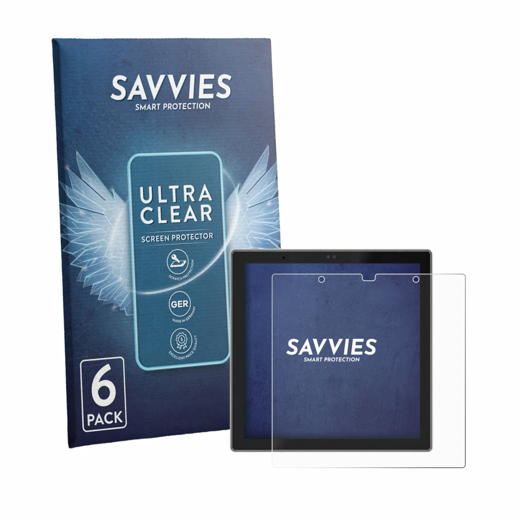 Front side of a product packaging with the brand logo Savvies. Next to it is the device SONOFF NSPanel Pro Gen 2 shown with th