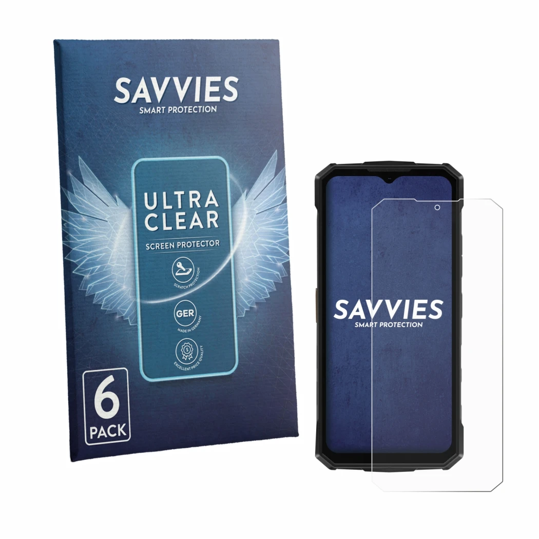 Front side of a product packaging with the brand logo Savvies. Next to it is the device Doogee Fire 5 Pro shown with the corre