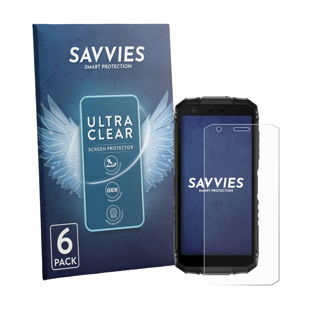 Front side of a product packaging with the brand logo Savvies. Next to it is the device Doogee Fire 3 shown with the correspon