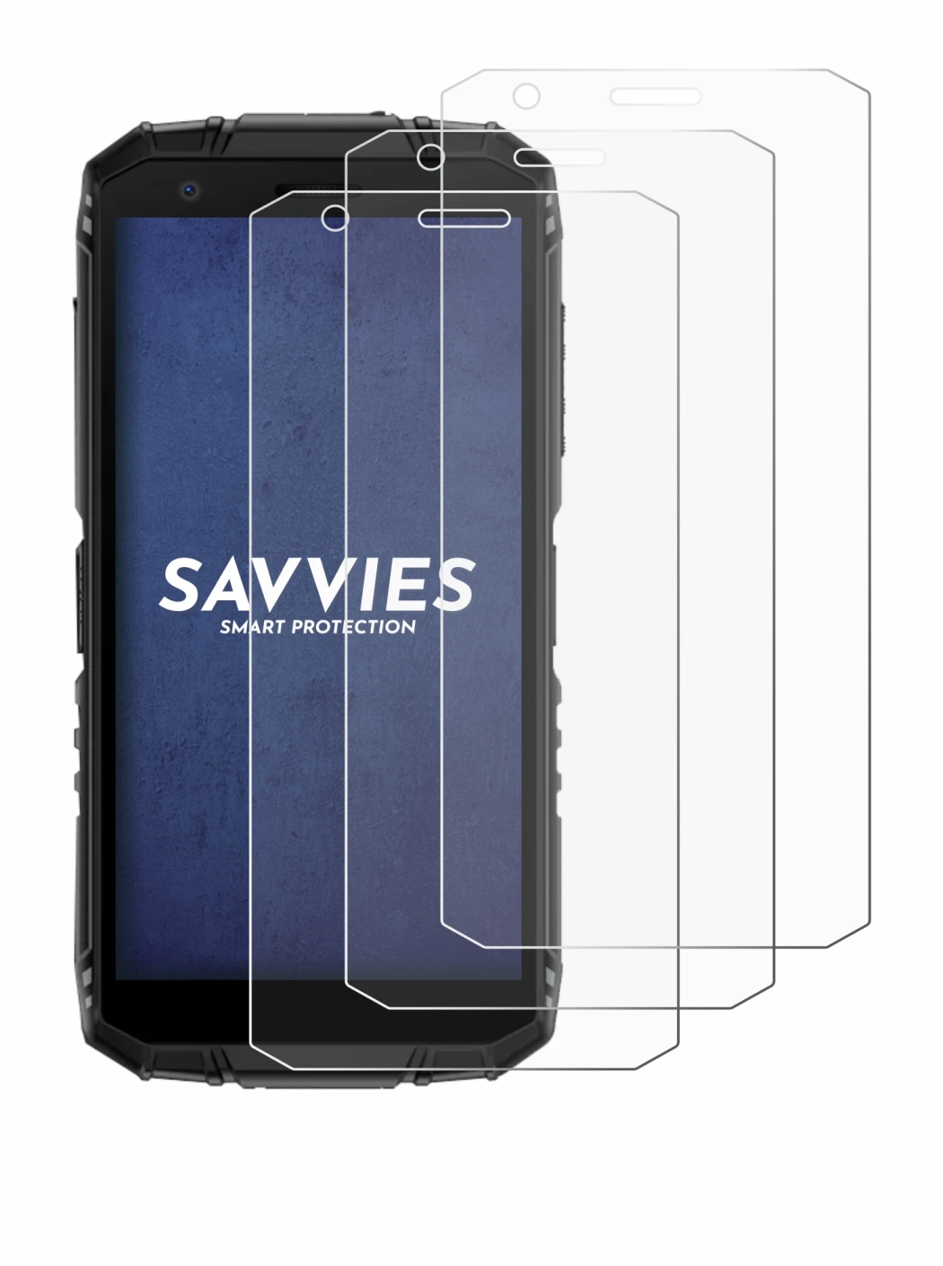 Image of the device Doogee Fire 3 with a wide variety of screen protectors.