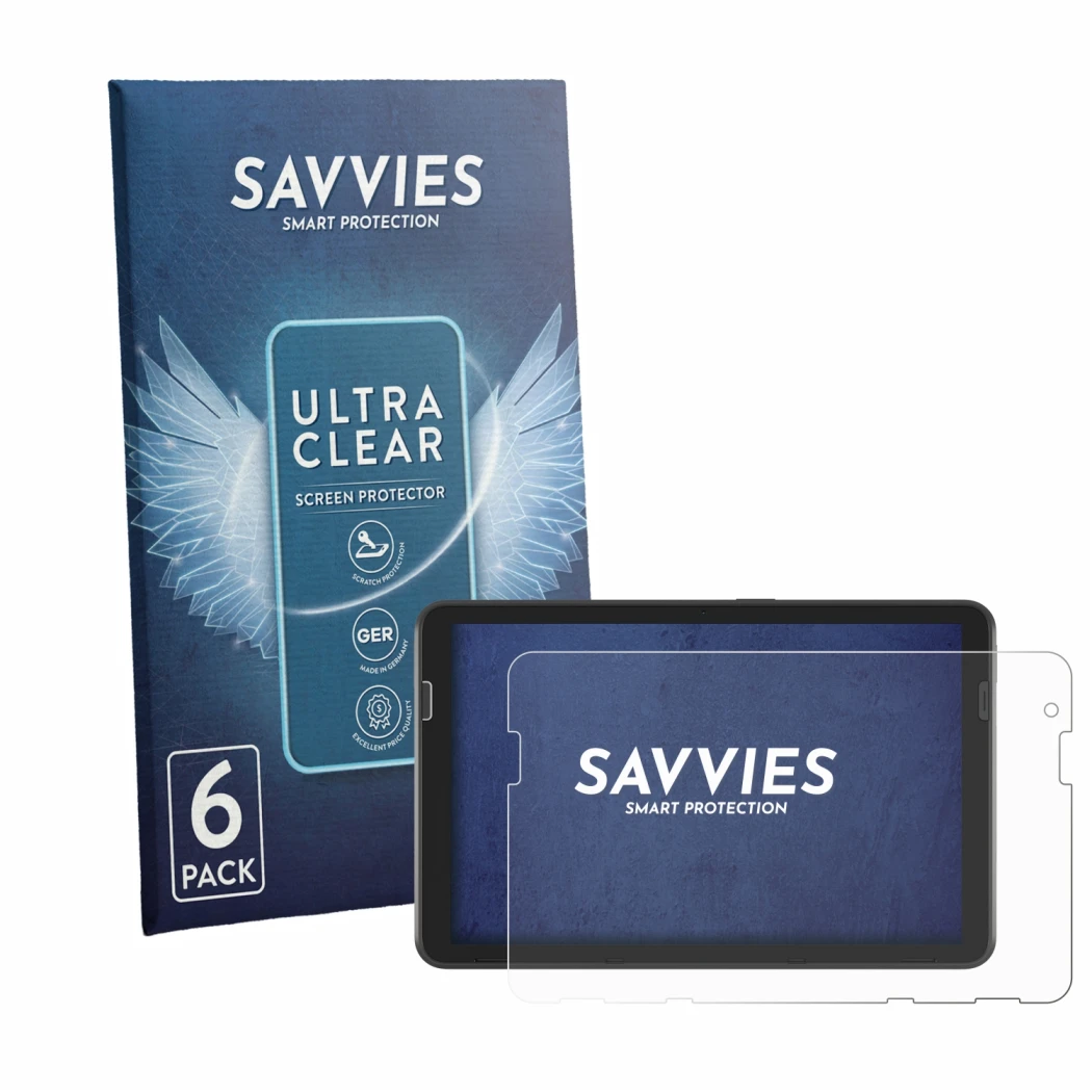 Front side of a product packaging with the brand logo Savvies. Next to it is the device Zebra ET401 8