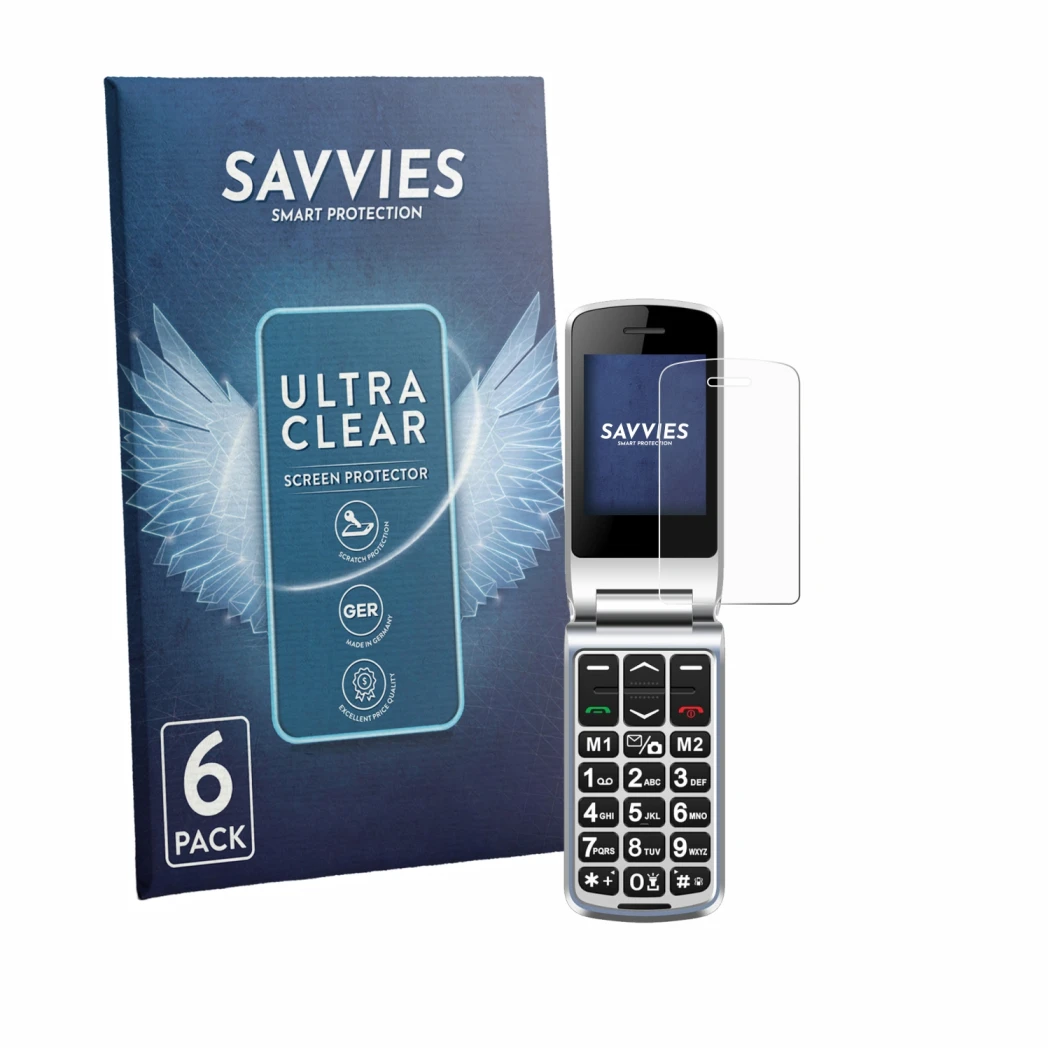 Front side of a product packaging with the brand logo Savvies. Next to it is the device Sweetlink F1PLUS shown with the corres