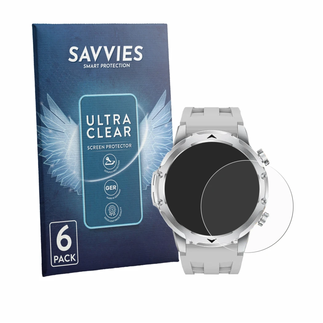 Front side of a product packaging with the brand logo Savvies. Next to it is the device FitVigor Smartwatch 1.53