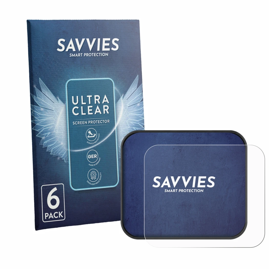 Front side of a product packaging with the brand logo Savvies. Next to it is the device Saphe T shown with the corresponding s