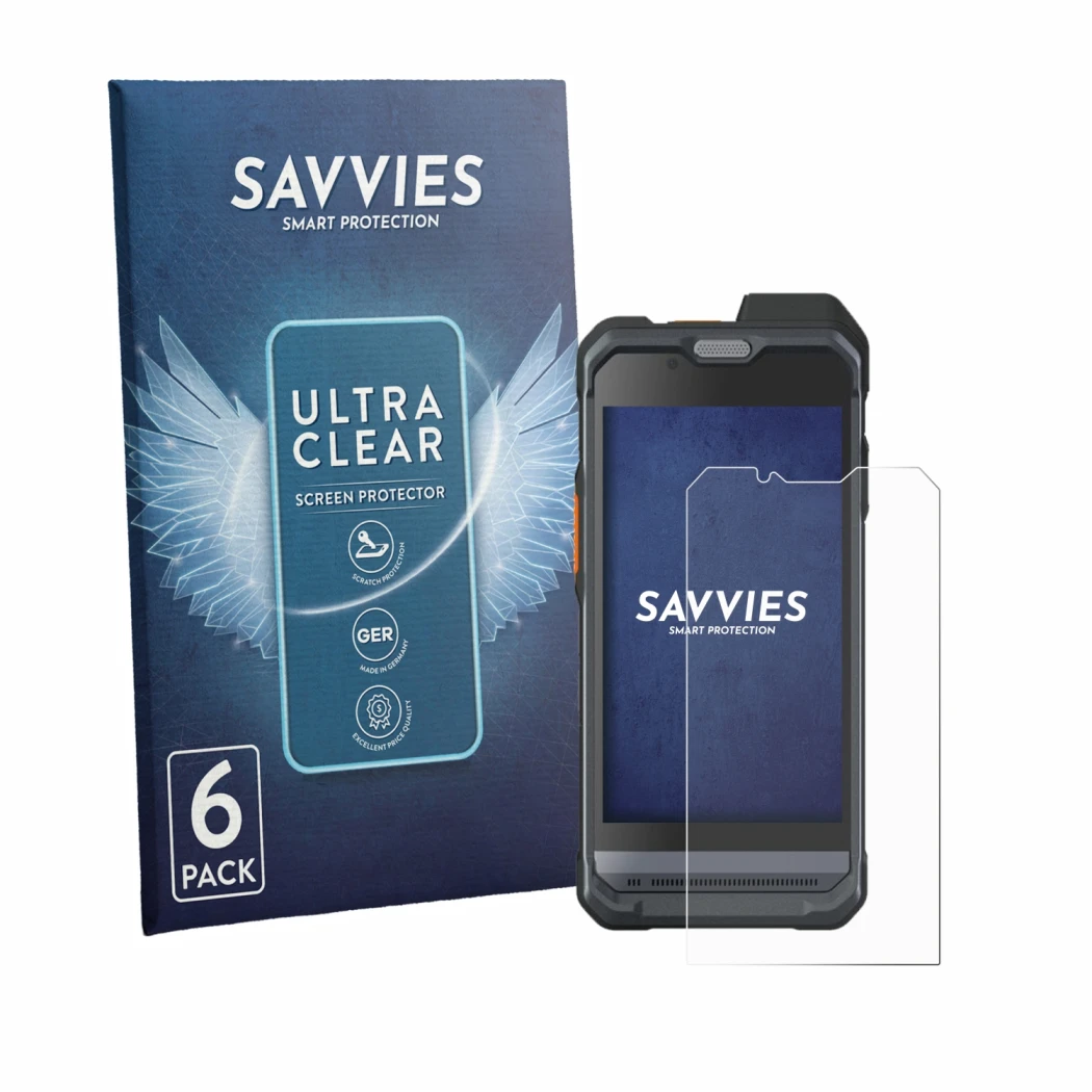 Front side of a product packaging with the brand logo Savvies. Next to it is the device Hytera PNC460 shown with the correspon