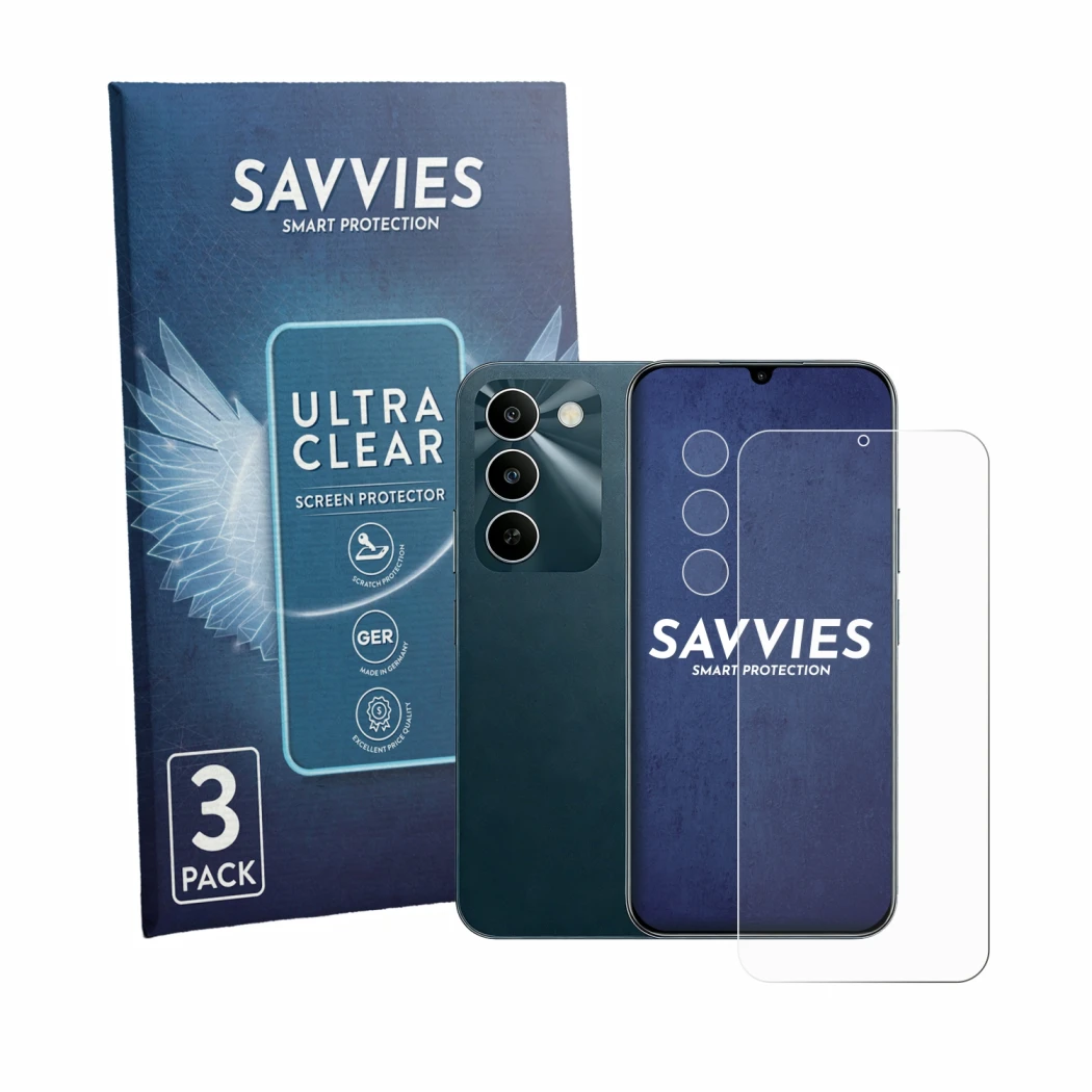 Front side of a product packaging with the brand logo Savvies. Next to it is the device realme C100 5G (Front+Camera) shown wi