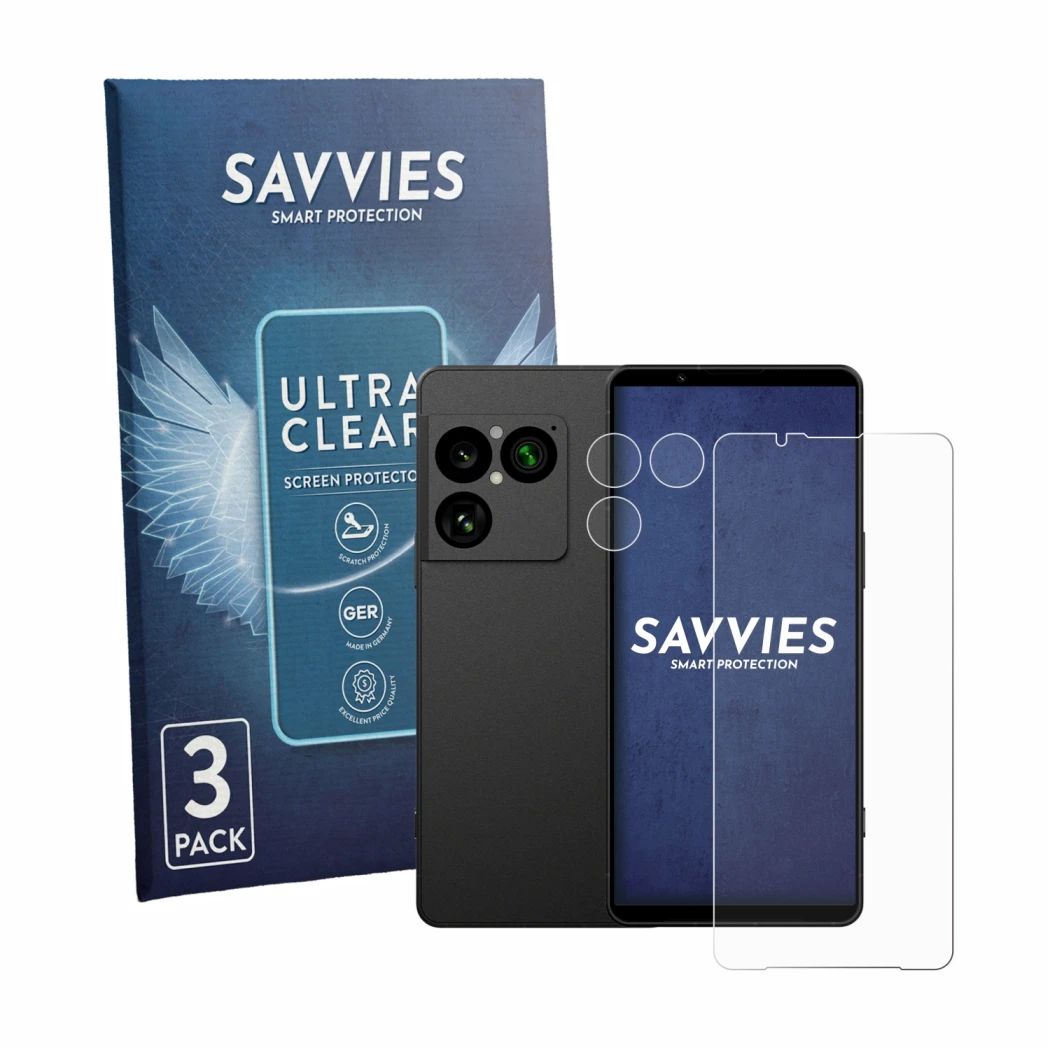 Front side of a product packaging with the brand logo Savvies. Next to it is the device Sony Xperia 1 VIII (Front+Camera) show