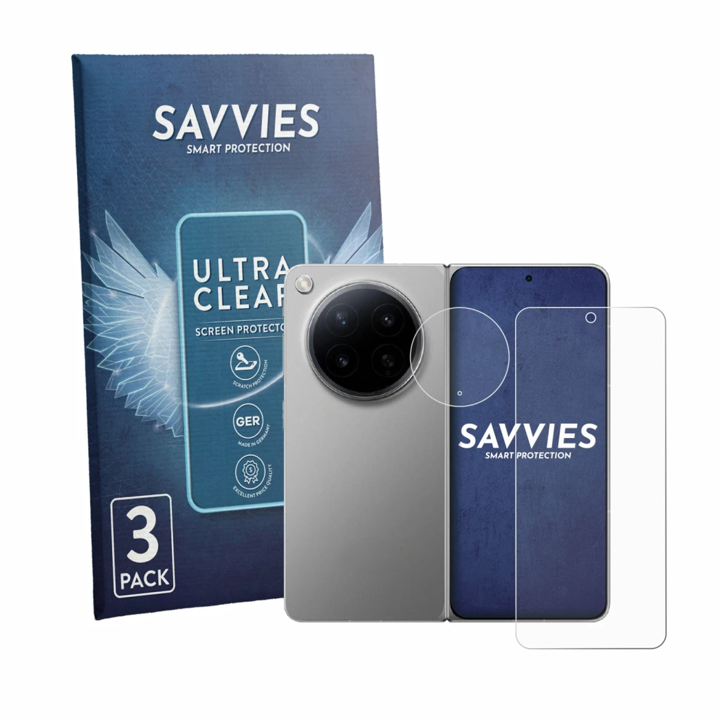 Front side of a product packaging with the brand logo Savvies. Next to it is the device Oppo Find N6 (Front+Camera) shown with